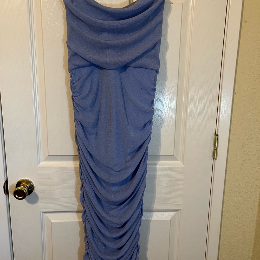 Michael Costello Strapless Blue Ruched Dress. Perfect Prom Dress